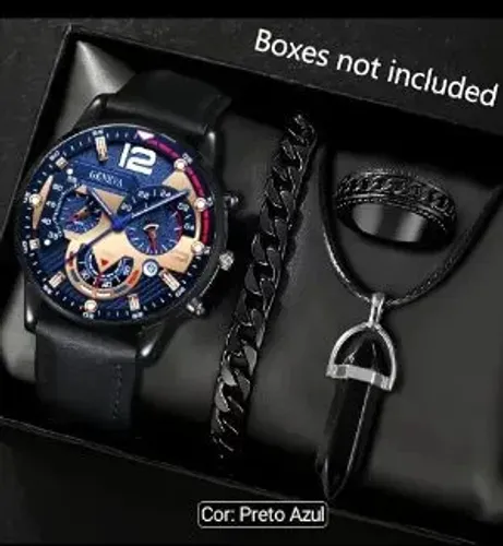 Kit Acessórios Masculinos Completo: Relógio, Bracelete, Anel e Colar [Estilo Moderno]<br>