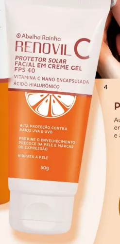 Protetor solar facial em creme gel FPS 40 ácido hialurônico e vitamina C abelha rainha
