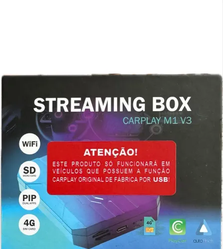 Streaming Box CarPlay M1 V3 - WiFi, 4G, SD Card, PIP - Novo na Caixa