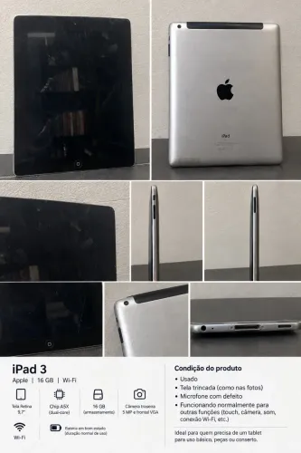 iPad 3 16GB Wi-Fi - Usado | Tela Trincada | Para Conserto