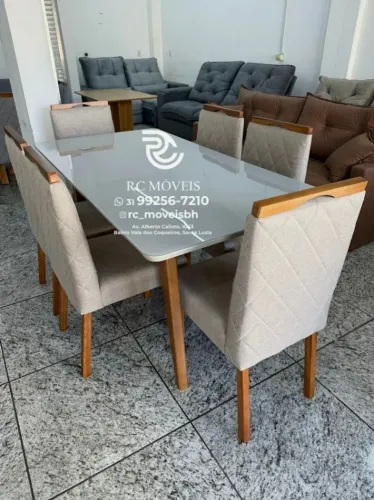 Mesa de jantar 1,70x0,90 Tampo Vidro Laqueado + 6 Cadeiras Madeira maciça