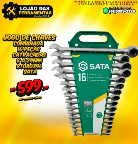 Jogo de Chaves Combinada 16 Peças Catracadas 8 a 24mm ST08034L Sata