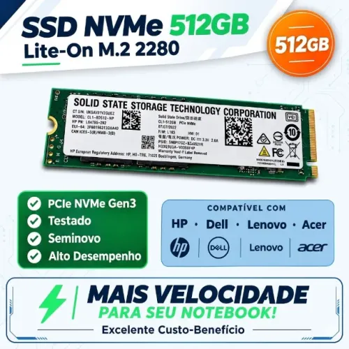 SSD 500GB Nvme Lite-On 2280 Gen 3 - Acer, Lenovo, HP , Dell Seminovo - Oportunidade