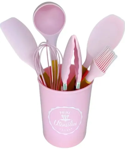 BACCANI, Conjunto de Utensílios de Cozinha em Silicone e Madeira, 7 Peças, Rosa, Resistent