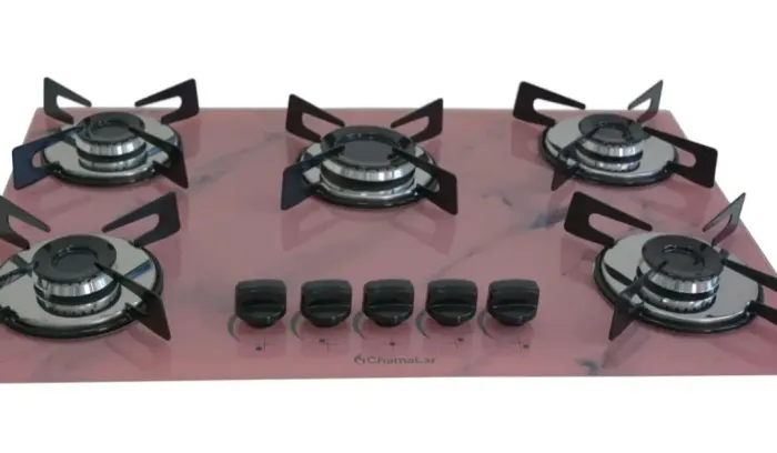 Fogão Cooktop À Gás 5 Bocas ChamaLar MARMORIZADO ROSA Premium Ultra Chama Vidro Bivolt