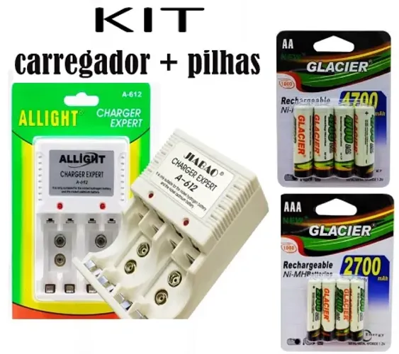 Kit c/ Carregador de Pilhas AA/AAA/Bateria 9v Recarregável + 4 Pilhas (AA ou AAA) z133