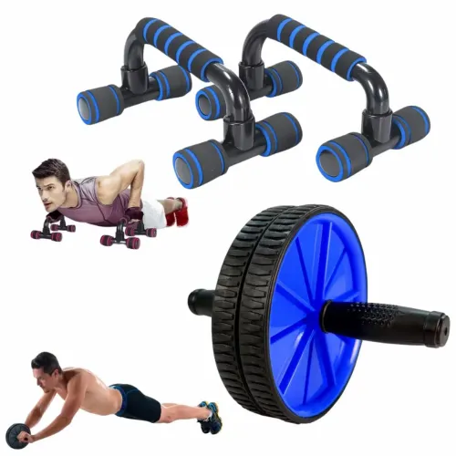 Kit Roda Abdominal + Par Barra Flexão de chão Exercício Treino em Casa 
