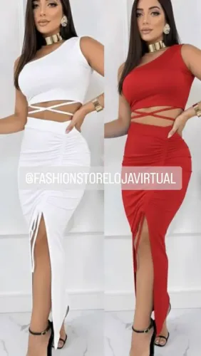 Conjunto Vermelho e branco de Alça Única saia Midi e cropped