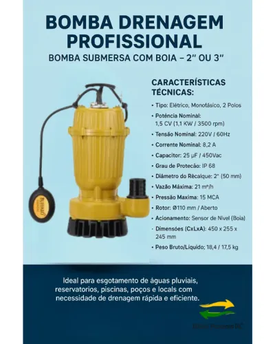 Bomba Drenagem Profissional - Bomba Submersa com Boia - 2'' ou 3''