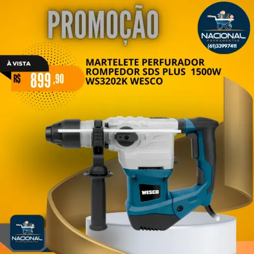 Martelete Rompedor Wesco 1500W SDS Plus 5,5J c/ Maleta e Acessórios