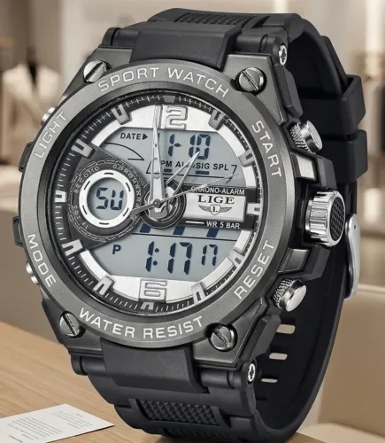 Relógio esportivo LIGE, modelo 8922, pulseira de silicone preta.