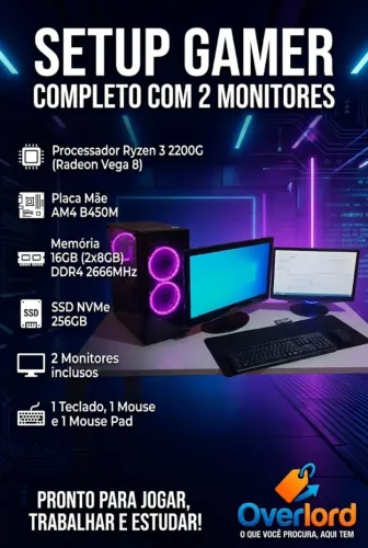 Setup Gamer Completo com 2 Monitores | Ryzen 3 2200G | 16GB RAM