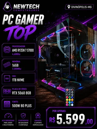 PC Gamer Ryzen 7 5700X 4.6Ghz / Mem 16Gb / SSD 1Tb Nvme / RTX 5060 8Gb (aceito cartão)