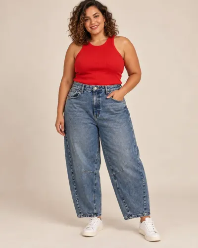 Calça barrel 46 pool jeans, cintura alta, feminina.