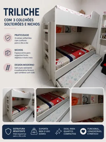 TRILICHE COM NICHOS E 3 COLCHÕES SOLTEIRÕES 