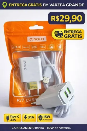 Carregador Rápido Tipo-C 3.1A 15W ?GOLD - Kit Completo com Cabo | Entrega Grátis