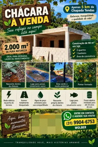 E uma chácara 2000 metros está localizada 5km do chapada tendas . 