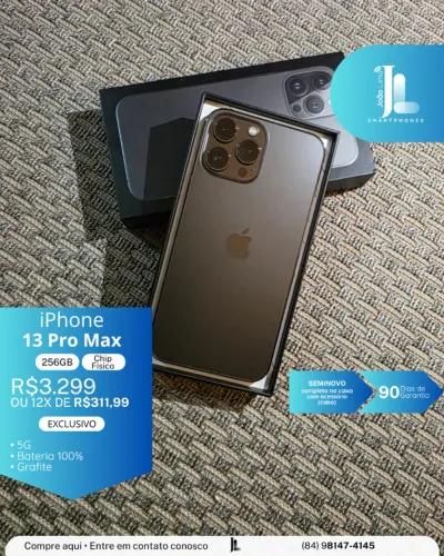 IPHONE 13 PRO MAX, 5G, CHIP FÍSICO, 256GB, GRAFITE, SEMINOVO EXCLUSIVO!