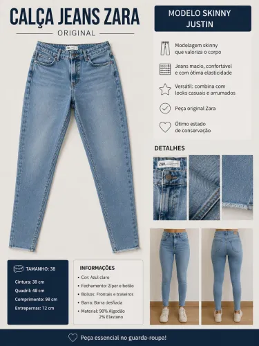     Calça Jeans Zara Feminina Skinny Lavagem Clara