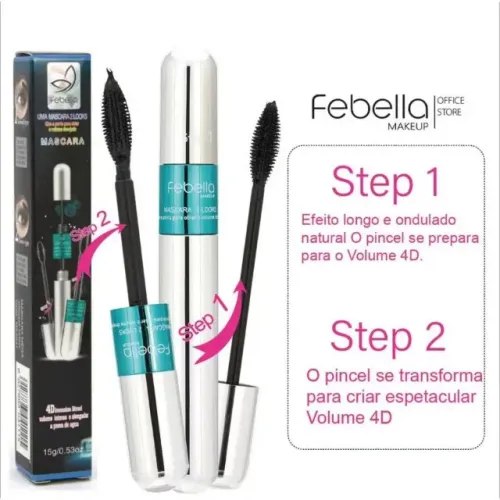 Máscara P/ Cílios Rímel prova d' água 2 Em 1 Volume Extra febella