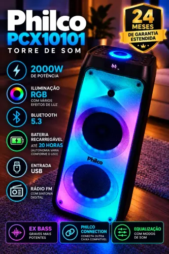 Caixa de Som Philco PCX10101 2000W RGB Bluetooth + Garantia Estendida 24 Meses