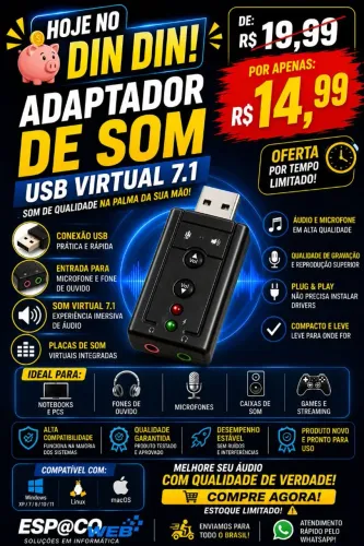 Adaptador de Som USB 7.1 Virtual para PC e Notebook - Plug & Play