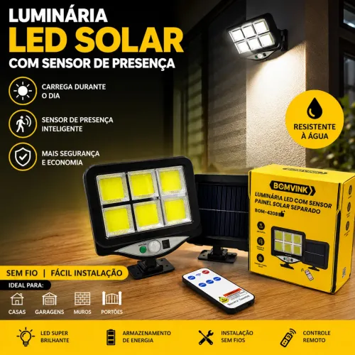 Luminária Solar LED com Sensor de Presença e Controle Remoto
