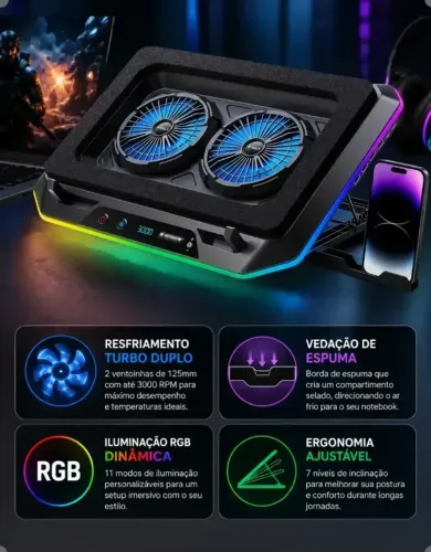 Suporte Base Cooler Notebook Gamer Rgb 3000rpm 2 Fans