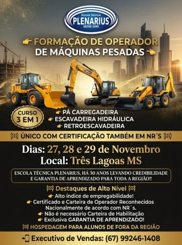Curso de Operador de Máquinas Pesadas em Três Lagoas - MS, dias 27, 28 e 29 de novembro
