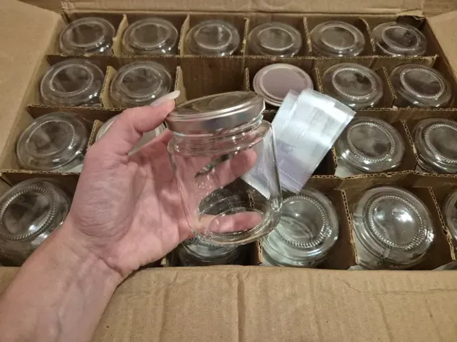 kit novo 24 potes vidro 240ml tampa prateada