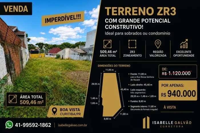 TERRENO ZR3 À VENDA | BOA VISTA CURITIBA/PR