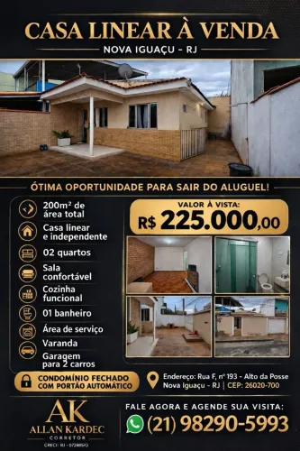 Vendo casa linear, 200m², independente, 02 quartos. Bairro: Posse, Nova Iguaçu/RJ
