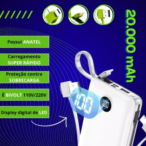 Carregador Portátil Power Bank 20000mAh Carregamento Rápido e Eficiente