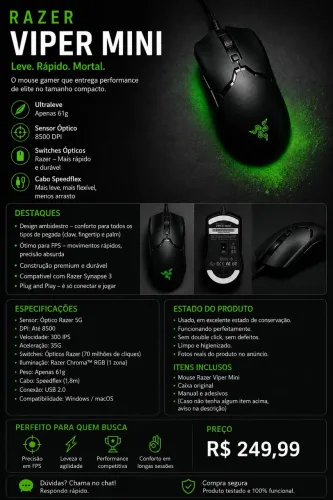 Razer Viper Mini | Gamer | 8500 DPI | Excelente estado