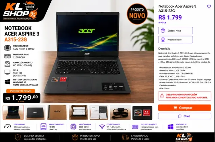 NOTEBOKK ACER ASPIRE 3 12GB RAM 1TB NOVO