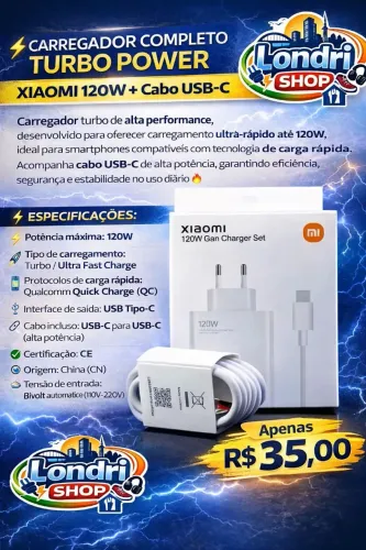 CARREGADOR COMPLETO TURBO POWER 120w CABO USB + CABO TIPO C