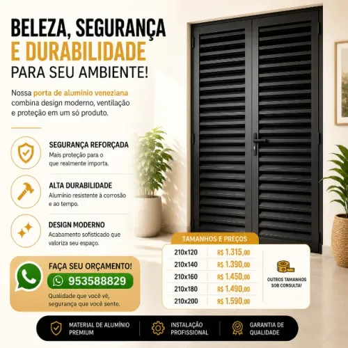 PORTA CENTRAL DE ALUMÍNIO LINHA PREMIUM PRETA 210X140