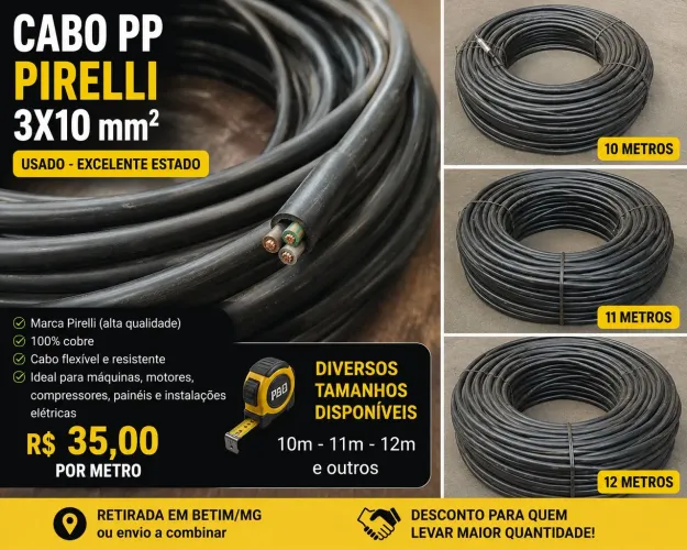 Cabo PP Pirelli 3x10 mm² - Pedaços de 10, 11, 12 metros e outros