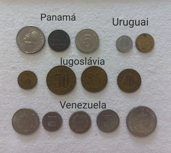 Coleção de 14 moedas do Panamá, Uruguai, Iugoslávia, Venezuela