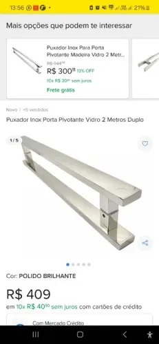 Puxador Inox Porta Pivotante Vidro 2 Metros Duplo