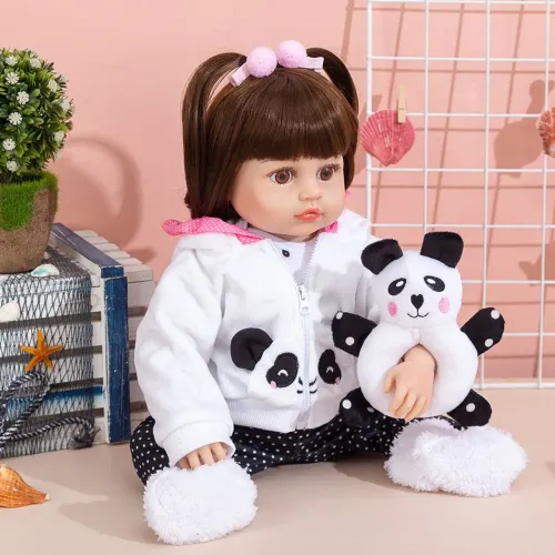 Linda Boneca Reborn com Roupa de Panda e Pelúcia 48 cm pronta entrega aceito cartão