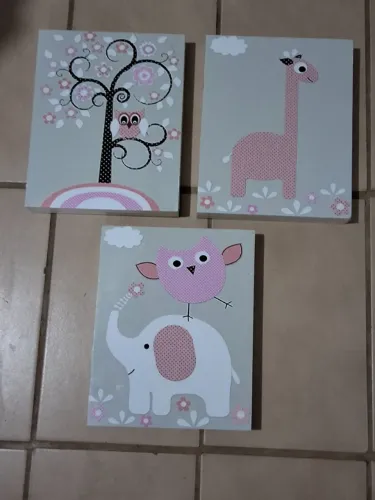 Kit quadros decorativos de bebe tons de rosa e cinza