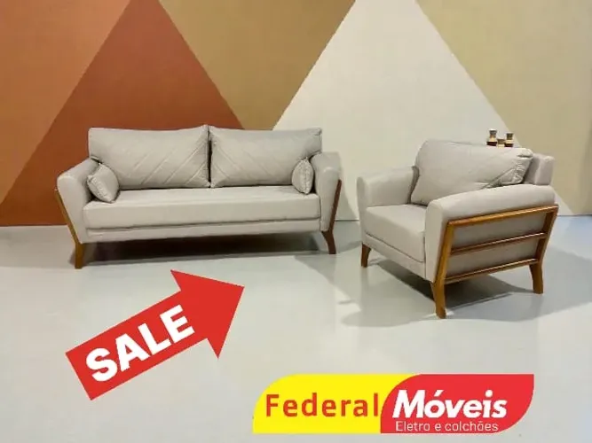 Sofá e Poltrona Conjunto Linho Bege - Super Promoção!