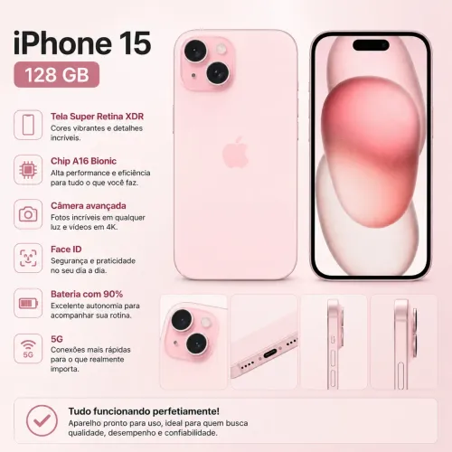 iPhone 15 128GB | Bateria 90% | Face ID OK | Excelente Desempenho