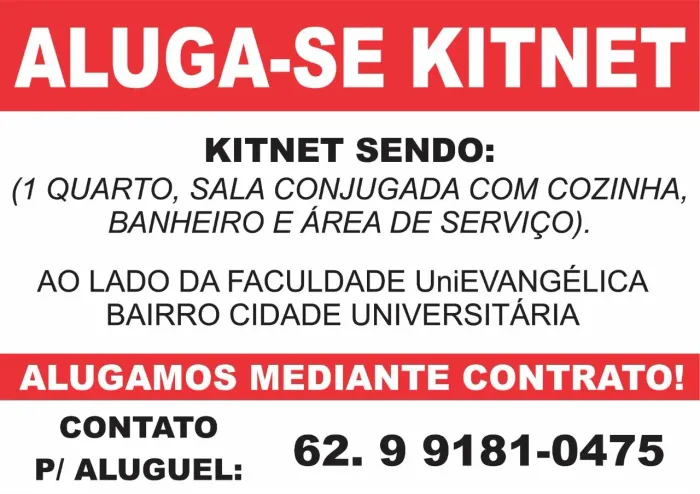 Alugo uma kitnet ao lado da Uni Evangélica