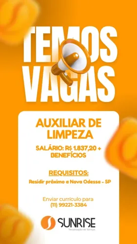VAGAS NOVA ODESSA- AUXILIAR DE LIMPEZA