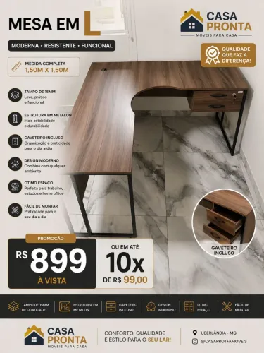 Mesa em L Escritório Home Office 1,50x1,50 com Gaveteiro
