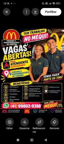 Vaga atendente de restaurante Mc Donalds próximo rodoferroviária de Curitiba -41- *
