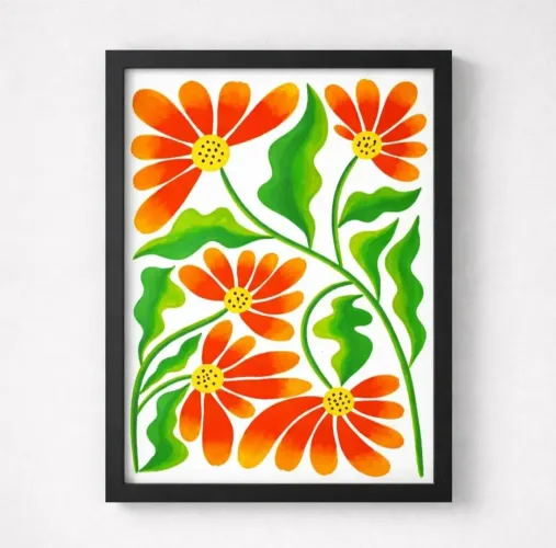 Quadro Decorativo Floral Laranja - Pintura Autoral A3 com Moldura