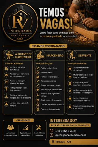 Vagas disponíveis - PV Engenharia & Marcenaria ? Estamos contratando profissionais para 